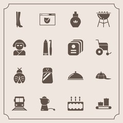 Modern, simple vector icon set with restaurant, bug, fly, sweet, check, salt, drink, breakfast, cooking, tea, bbq, headwear, clothing, barbecue, website, hat, butterfly, bottle, travel, teapot icons