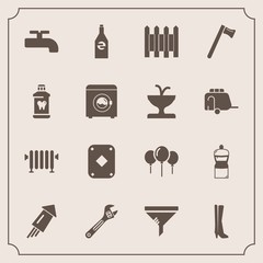 Modern, simple vector icon set with boiler, holiday, brush, protection, hot, hygiene, wrench, fence, tool, birthday, liquid, air, clean, broom, equipment, machine, play, crane, spanner, hammer icons