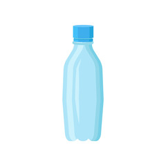 Small plastic bottle for drinking water. Blue transparent container for liquids. Flat vector element for promo poster or banner