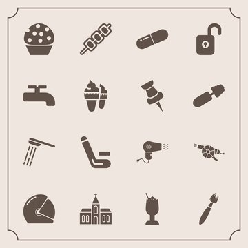 Modern, simple vector icon set with hygiene, weapon, medical, glass, meat, pill, drink, brush, bath, hairdryer, rider, motorbike, competition, competitive, bathroom, military, cocktail, grilled icons