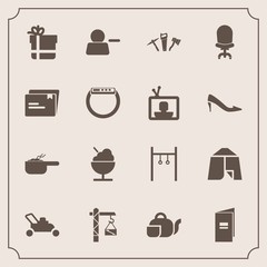 Modern, simple vector icon set with sport, book, sign, comfortable, tea, outdoor, bow, repair, home, chair, brochure, drink, pictogram, account, garden, adventure, paper, construction, package icons