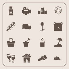 Modern, simple vector icon set with wine, object, decoration, summer, repair, handle, sand, play, beach, xray, business, cap, sea, flame, camera, sandbox, clothing, bag, film, alcohol, real, hat icons