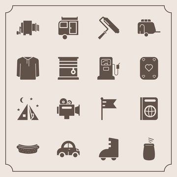 Modern, simple vector icon set with transportation, flag, dinner, tourism, vacation, video, transport, music, adventure, america, travel, handle, sausage, camp, passport, brush, film, journey icons