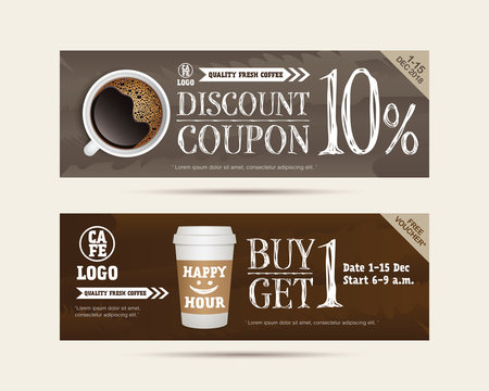 Coffee Gift Voucher Coupon Cafe Beverage, Buy 1 Get Free, Happy Hour Concept Promotion Advertising 