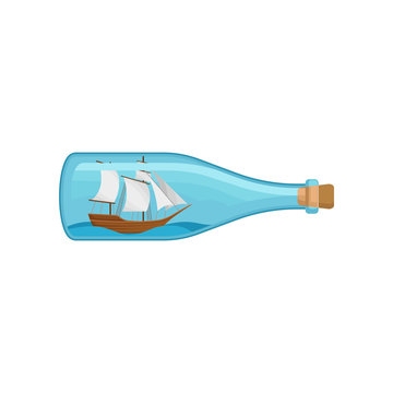 Flat vector icon of glass bottle with sea ship and water inside. Miniature model of marine vessel. Hobby and handmade theme