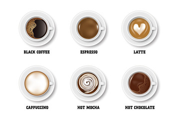 Set of realistic coffee top view isolated on white background vector illustration / Espresso, Chocolate, Milk, Latte, Cappuccino, Mocha, Americano, Black coffee