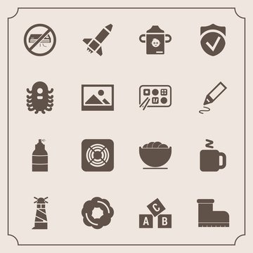 Modern, simple vector icon set with fiction, ocean, white, air, leather, milk, frame, sweet, paint, drink, plastic, light, sea, cup, alphabet, cake, empty, rocket, ufo, spray, food, fashion, abc icons