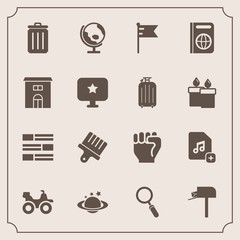 Modern, simple vector icon set with nation, brush, trash, newspaper, internet, add, national, file, map, planet, dirt, world, glass, earth, global, white, people, quad, post, paint, garbage, can icons