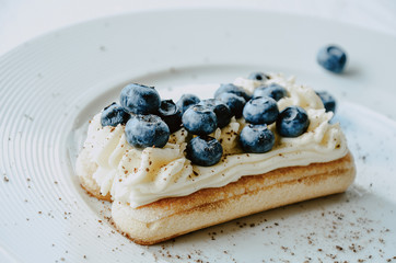 Nontraditional blueberry tiramisu with fresh berries. White background, copy space.