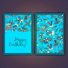 Happy birthday vector greeting card with abstract doodle flowers.