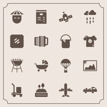 Modern, simple vector icon set with menu, image, shipping, barbecue, technology, dessert, space, japanese, airplane, picture, young, stroller, frame, food, doughnut, orbit, rain, sweet, travel icons