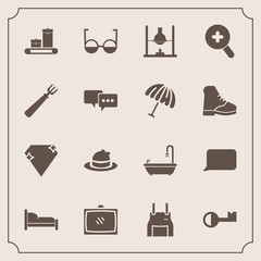 Modern, simple vector icon set with science, parasol, apron, zoom, fashion, glass, laboratory, uniform, eye, cook, luggage, bubble, headwear, eyeglasses, travel, home, diamond, entertainment, tv icons