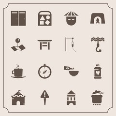 Modern, simple vector icon set with pot, coffee, entrance, fire, compass, care, play, pin, warm, japanese, north, dish, clean, asian, bear, people, cup, health, castle, toy, mark, sign, glass icons