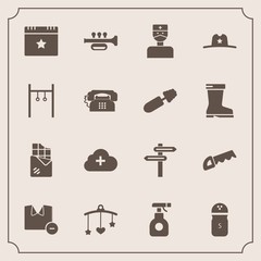 Modern, simple vector icon set with construction, cloud, mobile, baby, pesticide, white, trumpet, food, spice, spray, internet, chocolate, bar, pepper, dessert, saw, event, direction, hat, toy icons