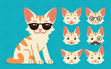 Cute cat sitting. Vector illustration of cool kitty in sunglasses on blue background and its head shows different emotions. Emoji. Emoticon. Chat. White cat with orange stripes in flat cartoon style.