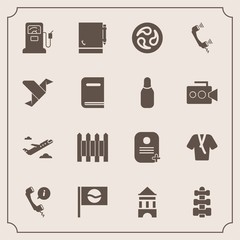 Modern, simple vector icon set with fence, bathrobe, equipment, telephone, education, protection, station, art, pump, tower, japan, departure, fashion, library, kamon, mon, notebook, headset icons