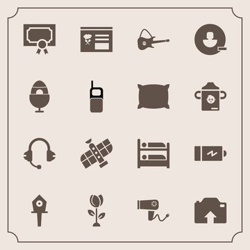 Modern, simple vector icon set with electricity, photo, upload, frame, guitar, spring, birdhouse, station, nest, dryer, avatar, planet, technology, energy, certificate, achievement, sound, care icons