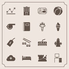 Modern, simple vector icon set with real, kitchen, id, whistle, hotel, soccer, work, game, cloud, salmon, equipment, keyboard, graph, travel, football, bed, chart, referee, object, identity, add icons