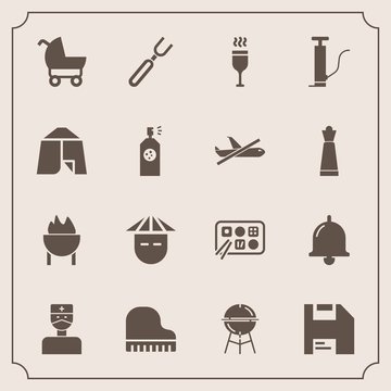 Modern, simple vector icon set with sign, alarm, alcohol, computer, tent, bbq, carriage, bell, fork, music, outdoor, call, ring, people, medical, pram, food, wine, dinner, hospital, glass, child icons