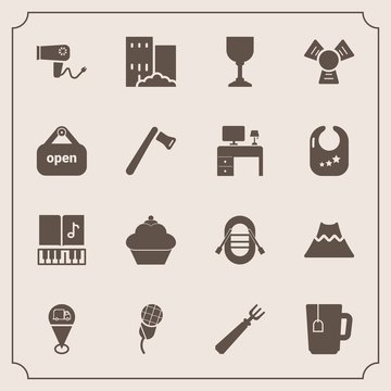 Modern, simple vector icon set with alcohol, cooler, volcano, real, landscape, building, care, business, crater, drink, mic, dryer, karaoke, sound, tea, doughnut, musical, wine, sailboat, cake icons