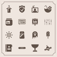 Modern, simple vector icon set with station, salt, wheel, telephone, monster, clothing, helm, drink, ship, juice, fruit, alien, directory, hanger, planet, technology, security, rudder, nautical icons