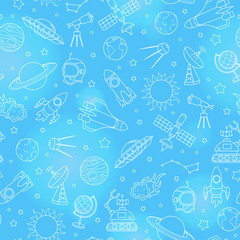 Seamless pattern on the theme of space and space flight, the white contour icons on blue  background