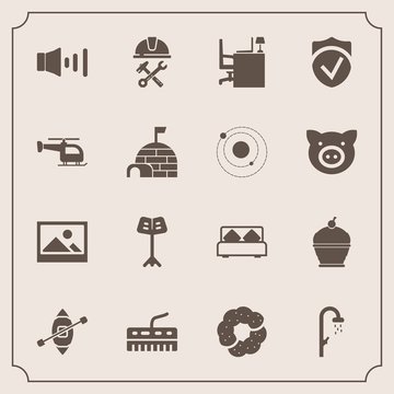 Modern, simple vector icon set with builder, musical, sailboat, shower, business, ship, volume, construction, sweet, helmet, travel, dessert, office, bath, desk, old, industry, hygiene, boat icons