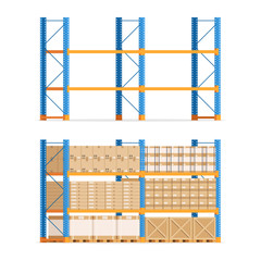 Warehouse shelves with boxesand empty shelves. Racks, pallets and boxes. Vector stock illustration in flat style isolated on white background