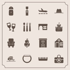 Modern, simple vector icon set with dessert, caravan, real, sweet, seasoning, hygiene, wine, smart, vacation, health, glass, time, chair, liquid, armchair, journey, comb, spice, drink, hat, cake icons