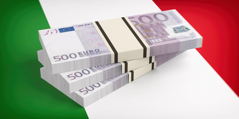 Italy, economy crisis. Euro banknotes on Italy flag. 3d illustration. 3d illustration