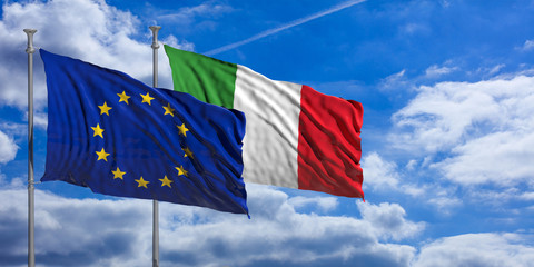 Italy and European Union flags waving, same direction, on blue sky background. 3d illustration © Rawf8