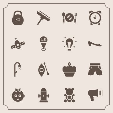 Modern, simple vector icon set with white, roller, heavy, shorts, clock, department, fork, kilogram, hygiene, shower, fashion, cake, hydrant, loudspeaker, safety, food, cute, brush, fire, bear icons