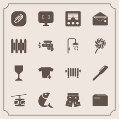 Modern, simple vector icon set with mail, monitor, message, information, wine, antenna, glass, paper, fashion, clip, clothes, computer, white, sea, food, blue, heater, technology, business, rail icons
