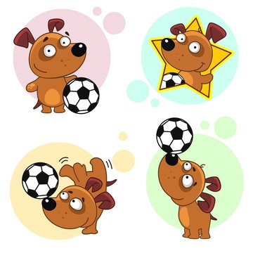 icon, Set of cartoon icons with dogs for design and children. An image of a soccer player playing ball and a winner in the form of a star.