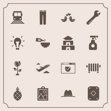 Modern, simple vector icon set with trousers, water, departure, web, website, hot, fashion, flower, fresh, clothes, spring, heater, clothing, hammer, travel, security, home, train, fruit, boiler icons
