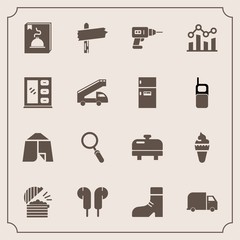Modern, simple vector icon set with chart, heater, dessert, direction, glass, machine, foot, cabinet, coffee, adventure, delivery, audio, work, equipment, food, trend, hand, zoom, furniture, way icons