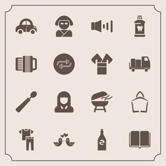 Modern, simple vector icon set with clothing, liquid, barbecue, beautiful, library, meat, geisha, fashion, cooking, dove, book, vehicle, literature, volume, grill, sound, girl, bird, face, young icons - 207253787
