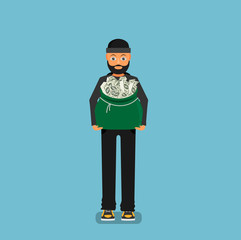 Thief carries a bag of money. Flat design vector illustration.