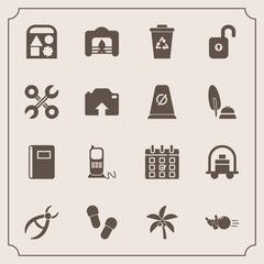 Modern, simple vector icon set with tropical, book, leaf, home, bowling, service, telephone, toy, drill, garbage, schedule, palm, fireplace, slipper, hotel, christmas, bellboy, dentistry, clinic icons - 207254132