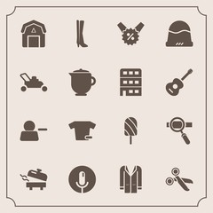 Modern, simple vector icon set with jacket, natural, technology, style, staple, laptop, footwear, pictogram, sign, boiler, lawn, microphone, home, account, water, price, ice, delete, grass, cap icons - 207254174