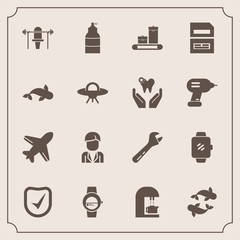 Modern, simple vector icon set with spanner, tool, smart, paint, watch, time, file, man, fitness, spaceship, alien, bag, flight, caffeine, food, boy, security, white, luggage, data, document icons - 207254336