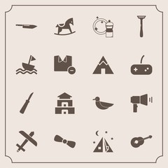 Modern, simple vector icon set with sail, nature, travel, music, sky, asia, outdoor, camp, culture, clothes, toy, baby, tent, horse, nautical, equipment, gift, bow, megaphone, aircraft, animal icons - 207254522