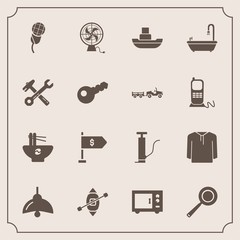Modern, simple vector icon set with microwave, pump, audio, sailboat, clothing, electricity, pan, karaoke, cooking, ocean, light, boat, bulb, food, money, tool, sound, location, travel, jacket icons - 207254536