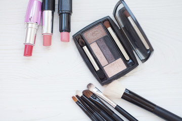 Various makeup brushes isolated over white background. Woman shows makeup brushes.