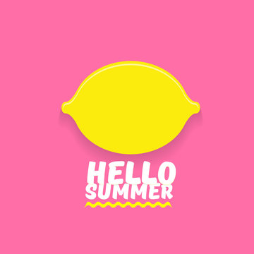Vector Hello Summer Beach Party Flyer Design template with fresh lemon isolated on soft pink background. Hello summer concept label or poster with orange fruit and typographic text.