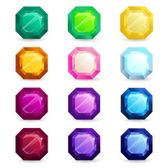 Isolated colorful gemstones of asscher shape set. Jewelry gems for game assets