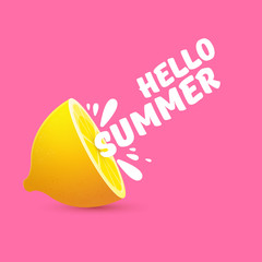 Vector Hello Summer Beach Party Flyer Design template with fresh lemon isolated on soft pink background. Hello summer concept label or poster with orange fruit and typographic text.
