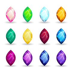 Isolated colorful gemstones of marquise shape set. Vector illustration for jewelry design.