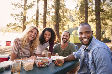 Portrait Of Couple With Friends Camping By Lake In Forest