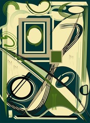 Abstract dark green background ,fancy curved lines and beige shapes